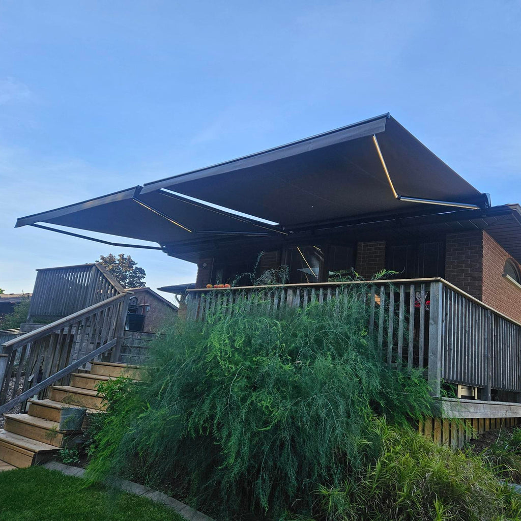 Awnings on a house with a clear blue sky